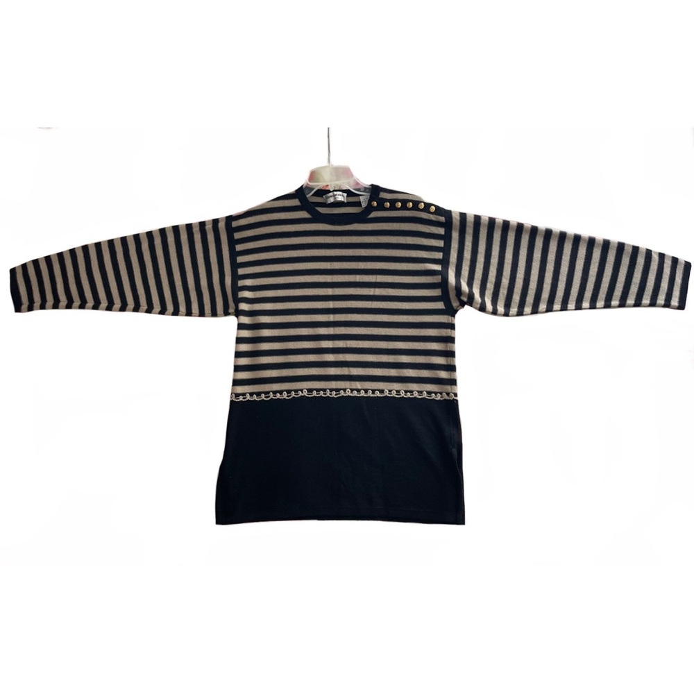 Sonia Rykiel Womens Striped Black Tan Beige Wool Knit Sweater w/ Gold Buttons, 4
